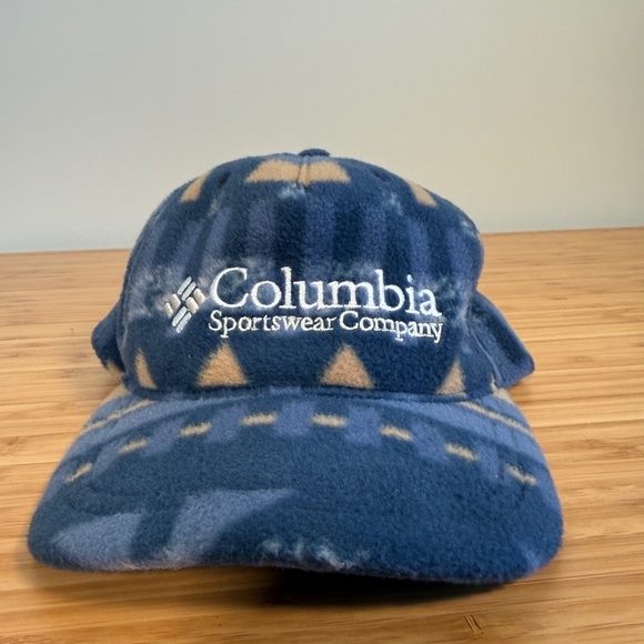 ❄️ Columbia Fleece Hat Cap Fitted S/M Blue Aztec Print Winter Warm Flexfit - Picture 2 of 7
